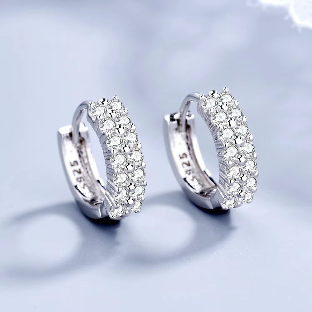 Korean Fashion 925 Sterling Silver Double Row Zircon round Earrings Stud for Women Fine Jewelry Wedding Accessories