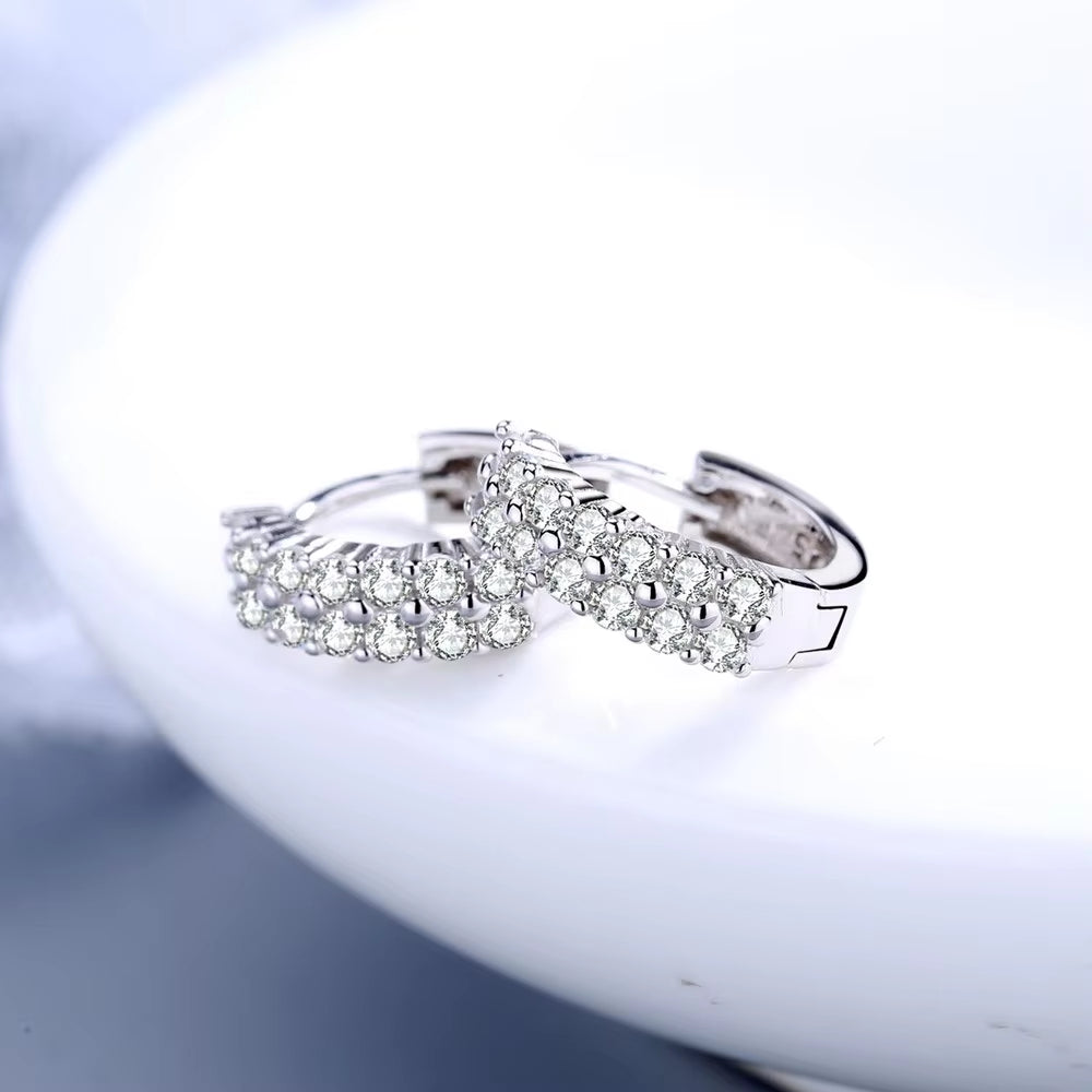 Korean Fashion 925 Sterling Silver Double Row Zircon round Earrings Stud for Women Fine Jewelry Wedding Accessories