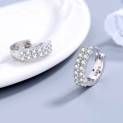 Korean Fashion 925 Sterling Silver Double Row Zircon round Earrings Stud for Women Fine Jewelry Wedding Accessories